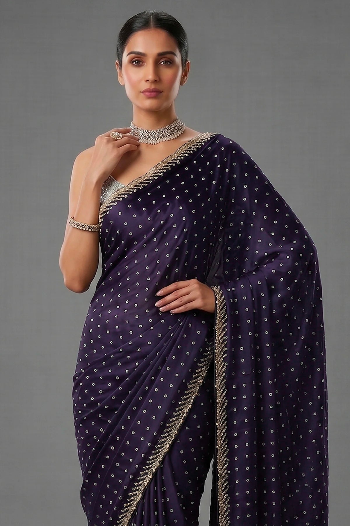 Dark Blue Crepe Silk Printed Saree with Scallop Cutdana Beaded Border - blue silk saree
