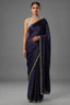 Dark Blue Crepe Silk Printed Saree with Scallop Cutdana Beaded Border - blue silk saree