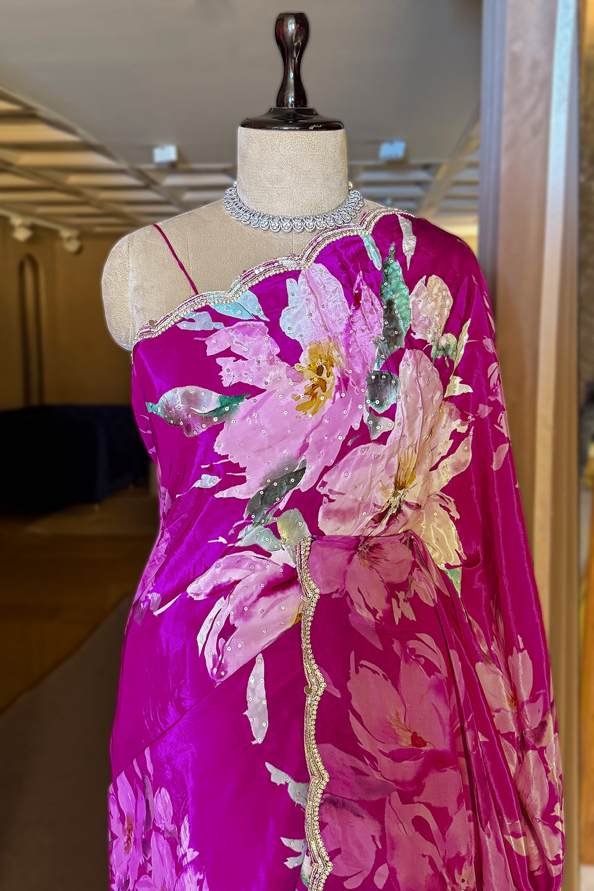 Magenta Crepe Silk Floral Printed Saree with Scallop Sequin Beaded Border - magenta silk saree