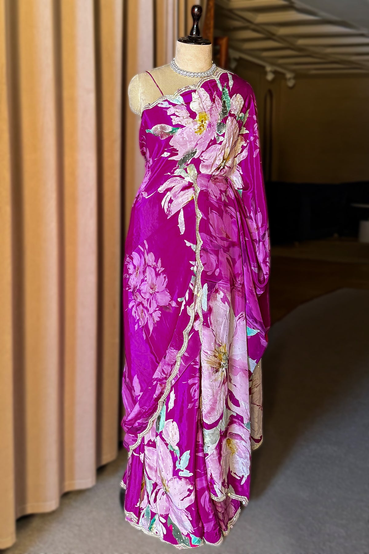 Magenta Crepe Silk Floral Printed Saree with Scallop Sequin Beaded Border - magenta silk saree