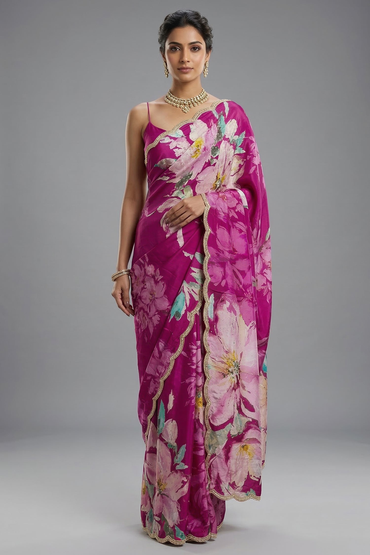 Magenta Crepe Silk Floral Printed Saree with Scallop Sequin Beaded Border - magenta silk saree Main image