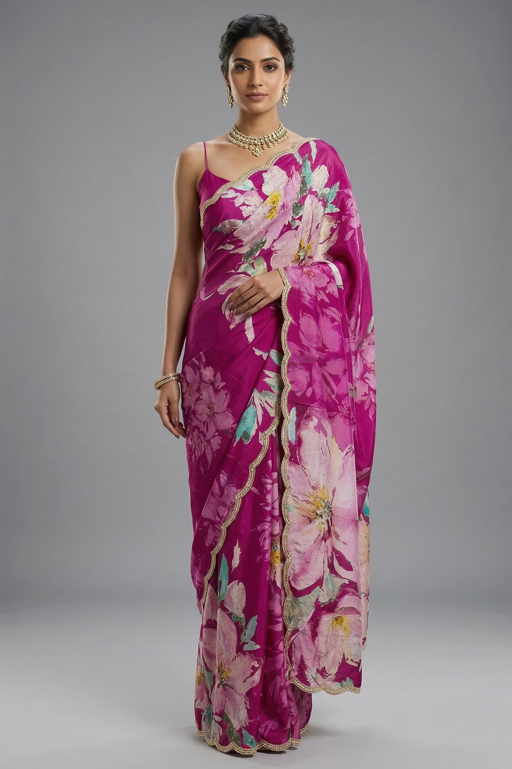 Magenta Crepe Silk Floral Printed Saree with Scallop Sequin Beaded Border - magenta silk saree