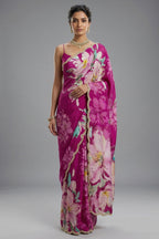 Magenta Crepe Silk Floral Printed Saree with Scallop Sequin Beaded Border - magenta silk saree