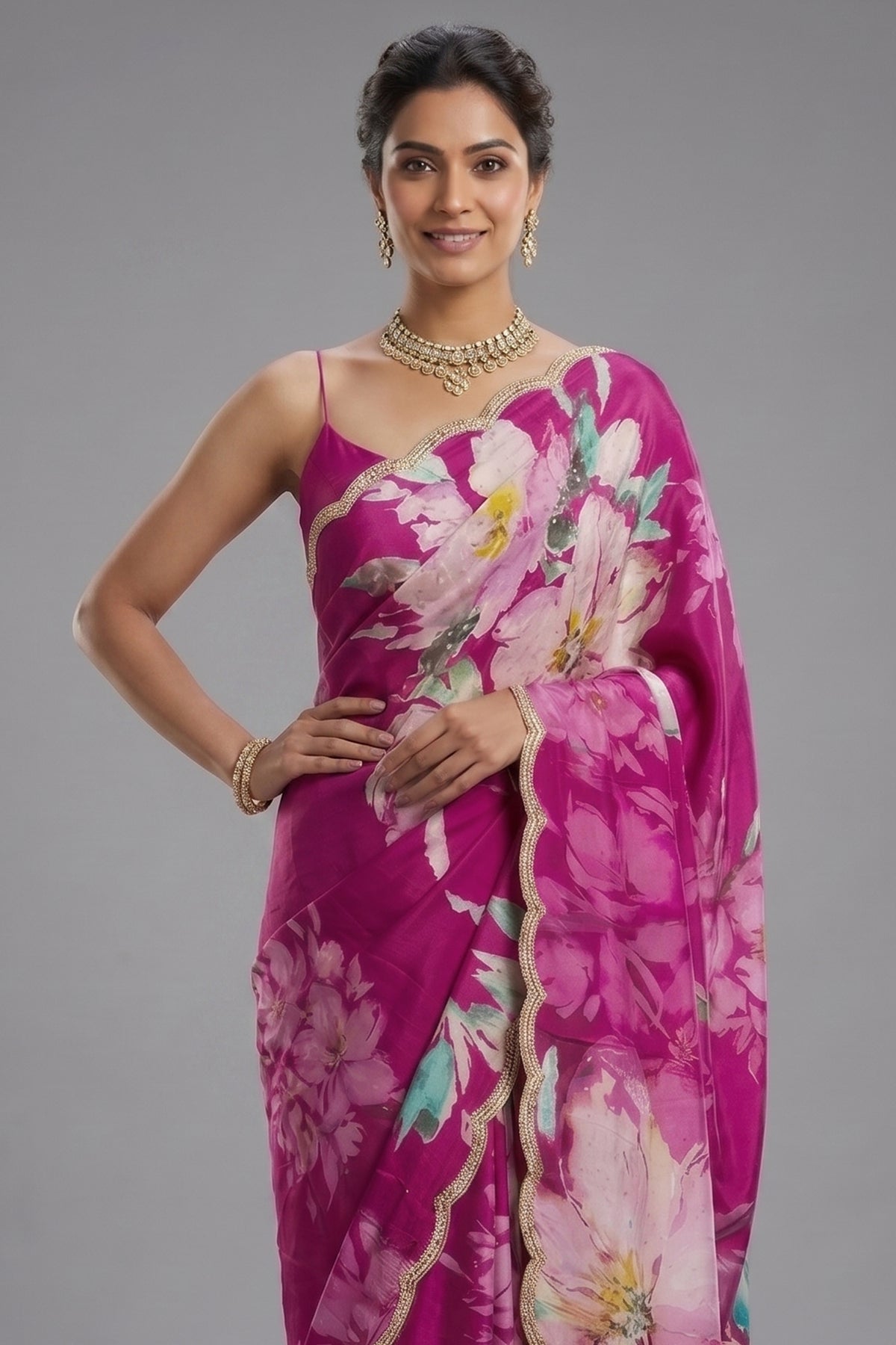 Magenta Crepe Silk Floral Printed Saree with Scallop Sequin Beaded Border - magenta silk saree