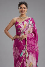 Magenta Crepe Silk Floral Printed Saree with Scallop Sequin Beaded Border - magenta silk saree