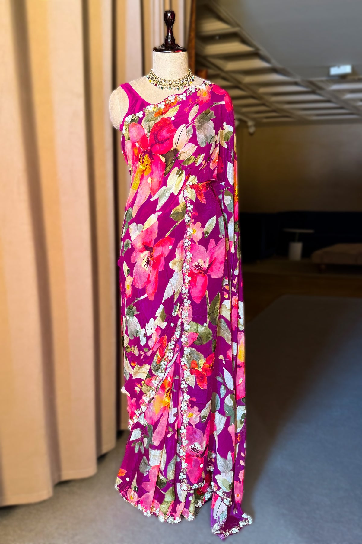 Dark Pink Chiffon Silk Floral Printed Saree with Beaded and Sequin Work On Border - pink silk saree