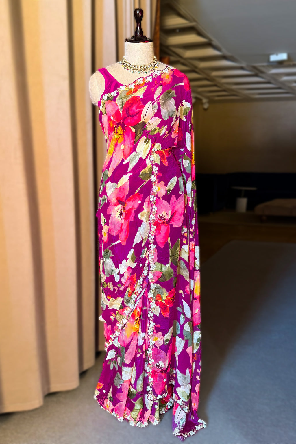 Dark Pink Chiffon Silk Floral Printed Saree with Beaded and Sequin Work On Border - pink silk saree