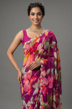 Dark Pink Chiffon Silk Floral Printed Saree with Beaded and Sequin Work On Border - pink silk saree