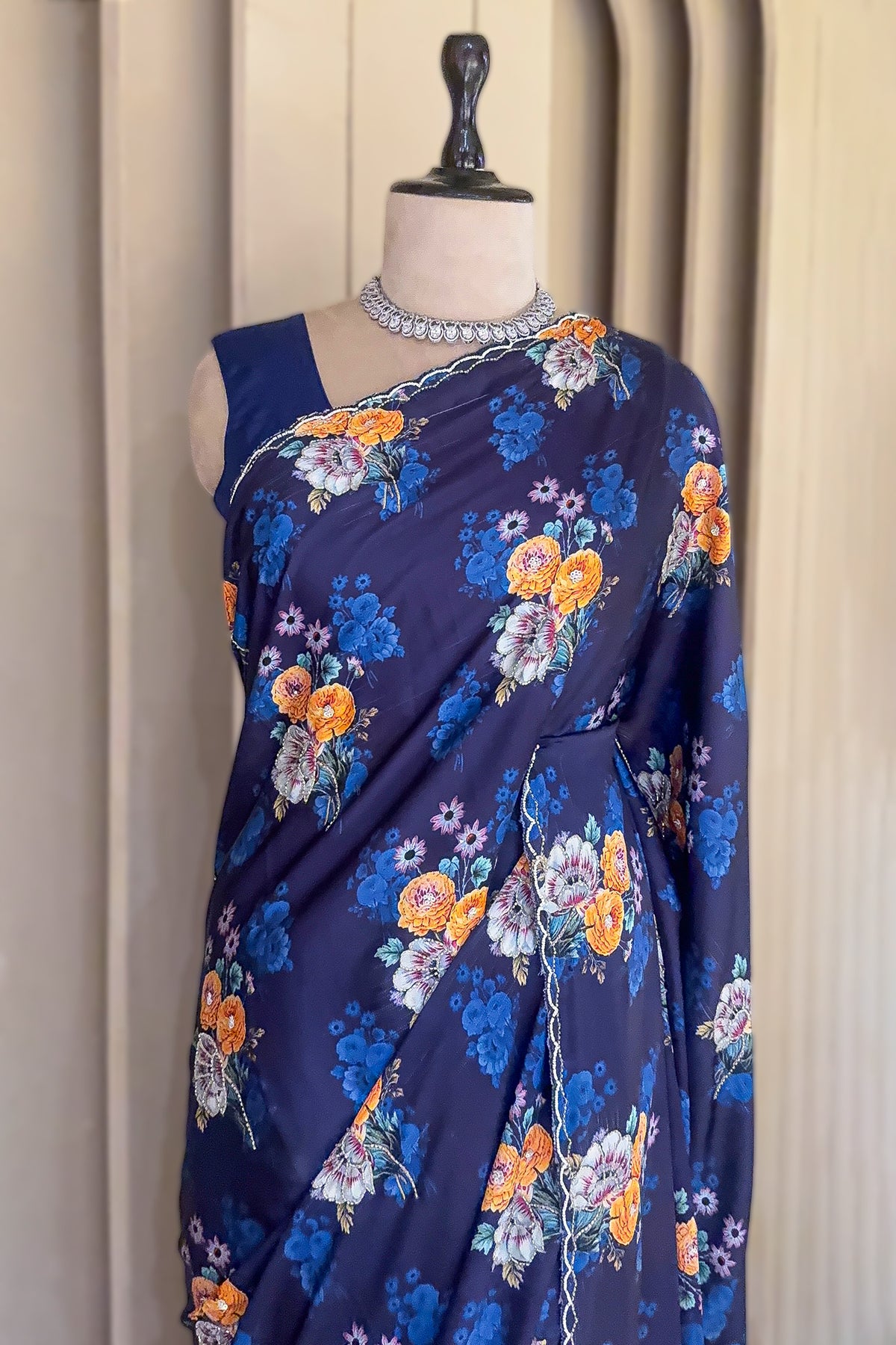 Dark Blue Crepe Silk Floral Digital Printed Saree with Beaded Cutdana Work Scallop Border - blue silk saree
