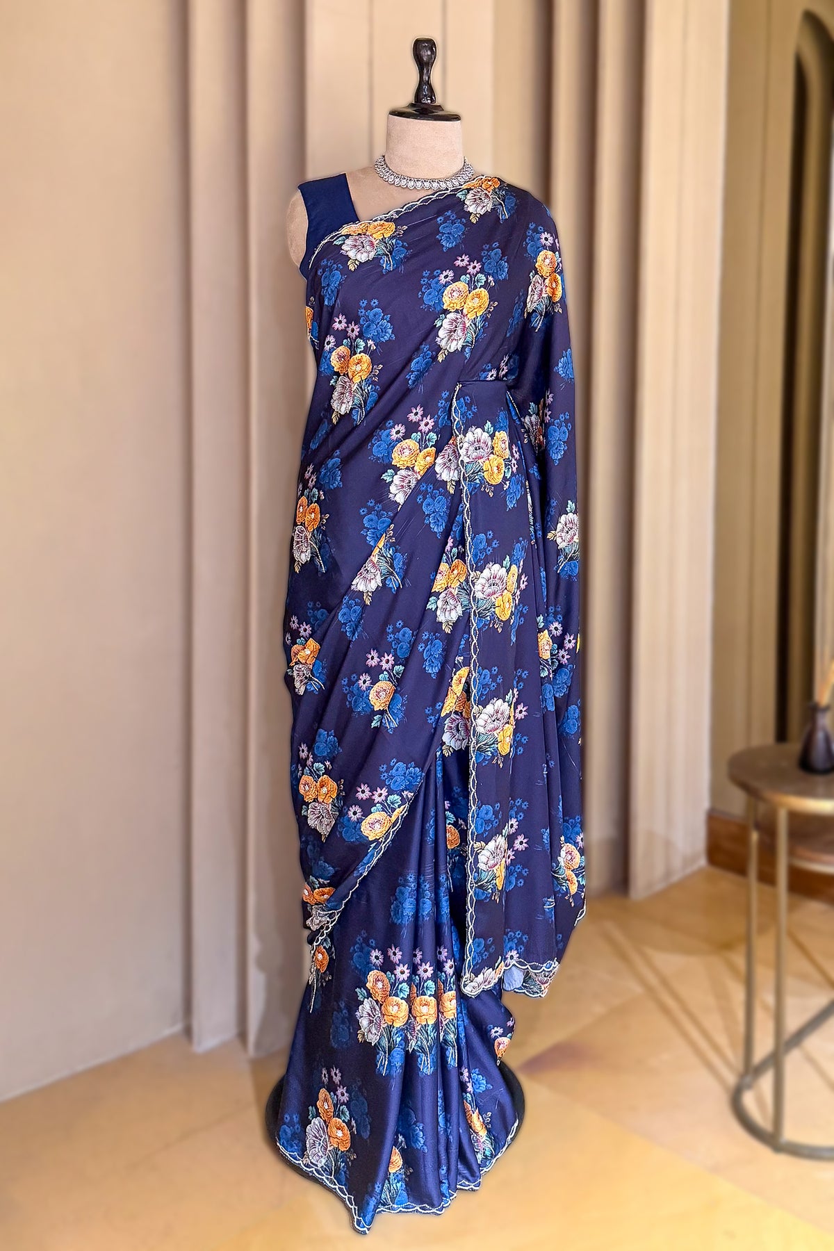 Dark Blue Crepe Silk Floral Digital Printed Saree with Beaded Cutdana Work Scallop Border - blue silk saree