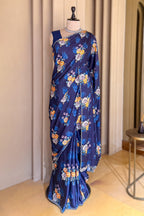 Dark Blue Crepe Silk Floral Digital Printed Saree with Beaded Cutdana Work Scallop Border - blue silk saree