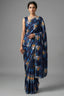 Dark Blue Crepe Silk Floral Digital Printed Saree with Beaded Cutdana Work Scallop Border - blue silk saree