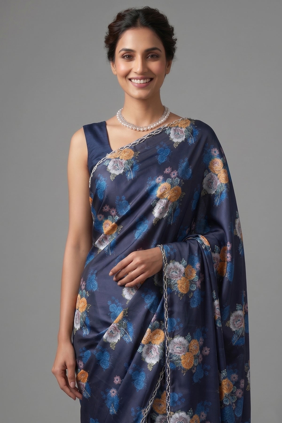 Dark Blue Crepe Silk Floral Digital Printed Saree with Beaded Cutdana Work Scallop Border - blue silk saree