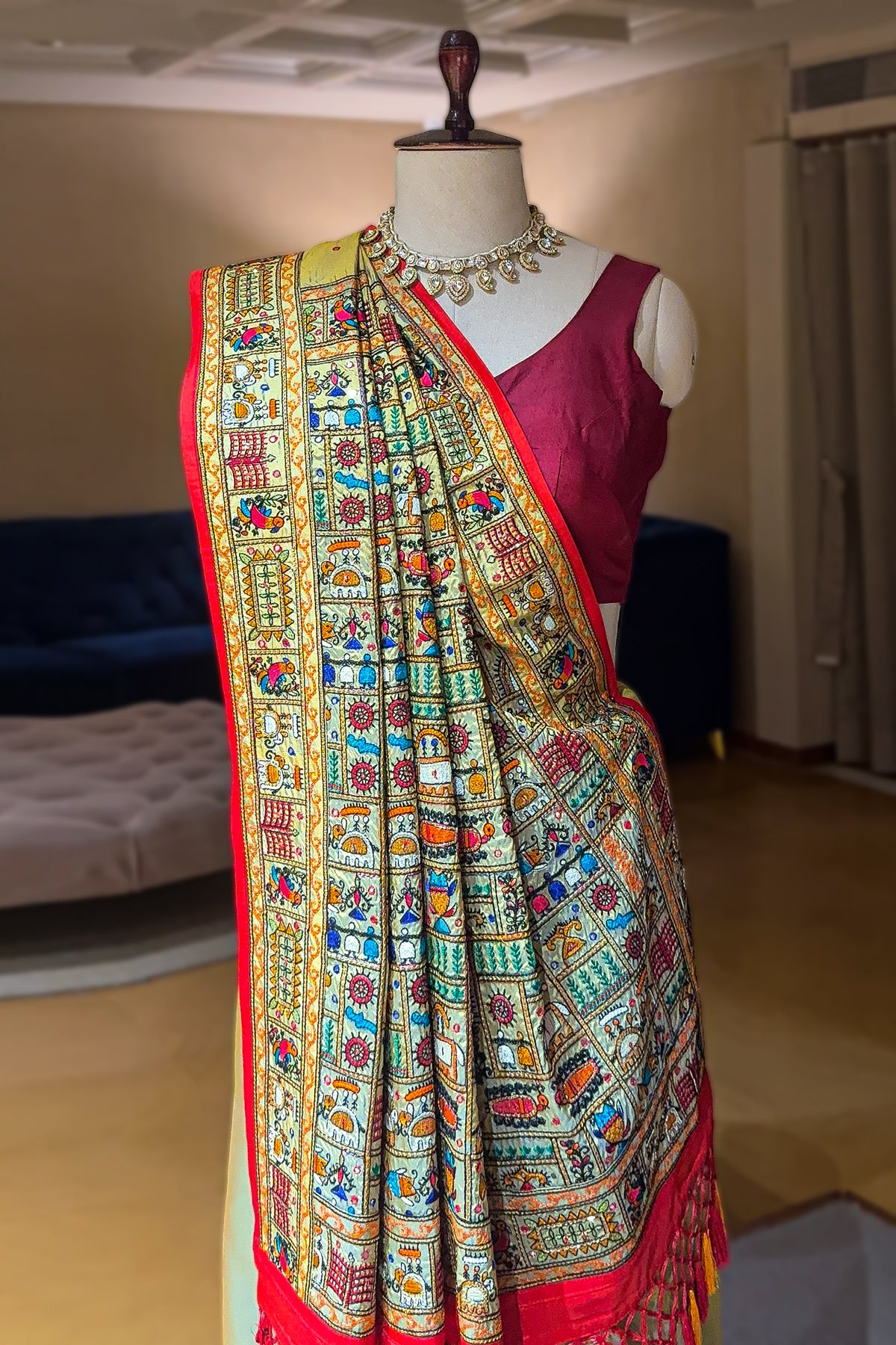 Sage Green Two Toned Art Silk Saree with Thread Embroidered Pallu and Border - red silk saree embroidered