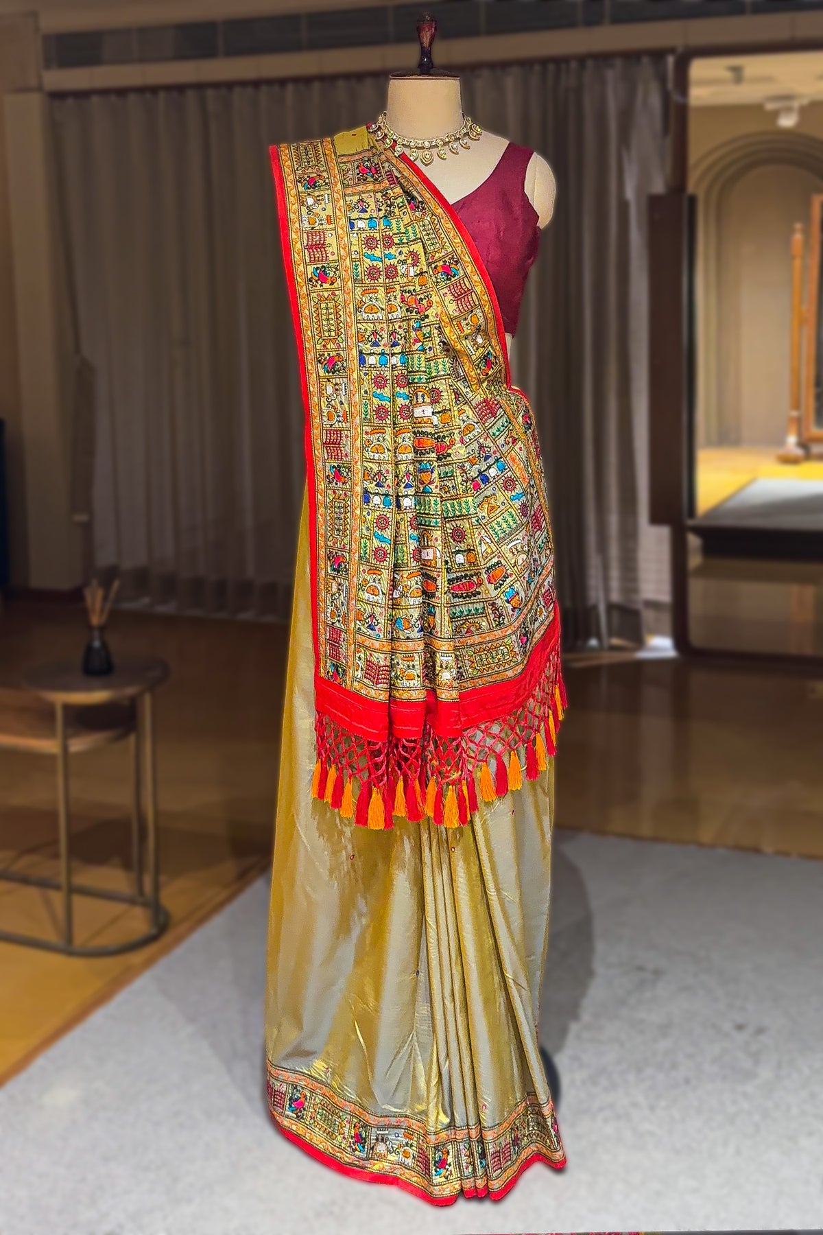 Sage Green Two Toned Art Silk Saree with Thread Embroidered Pallu and Border - red silk saree embroidered
