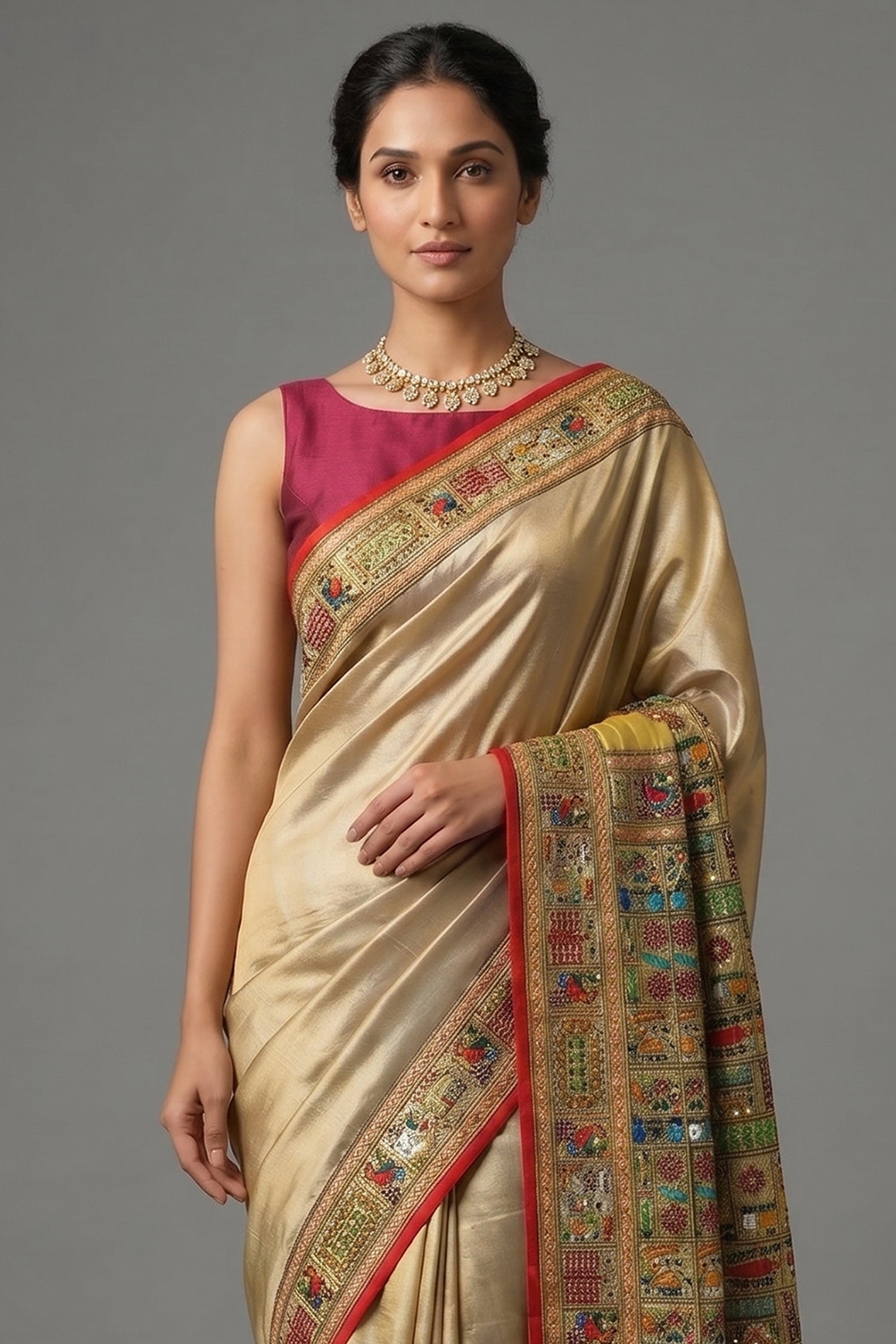 Sage Green Two Toned Art Silk Saree with Thread Embroidered Pallu and Border Secondary image