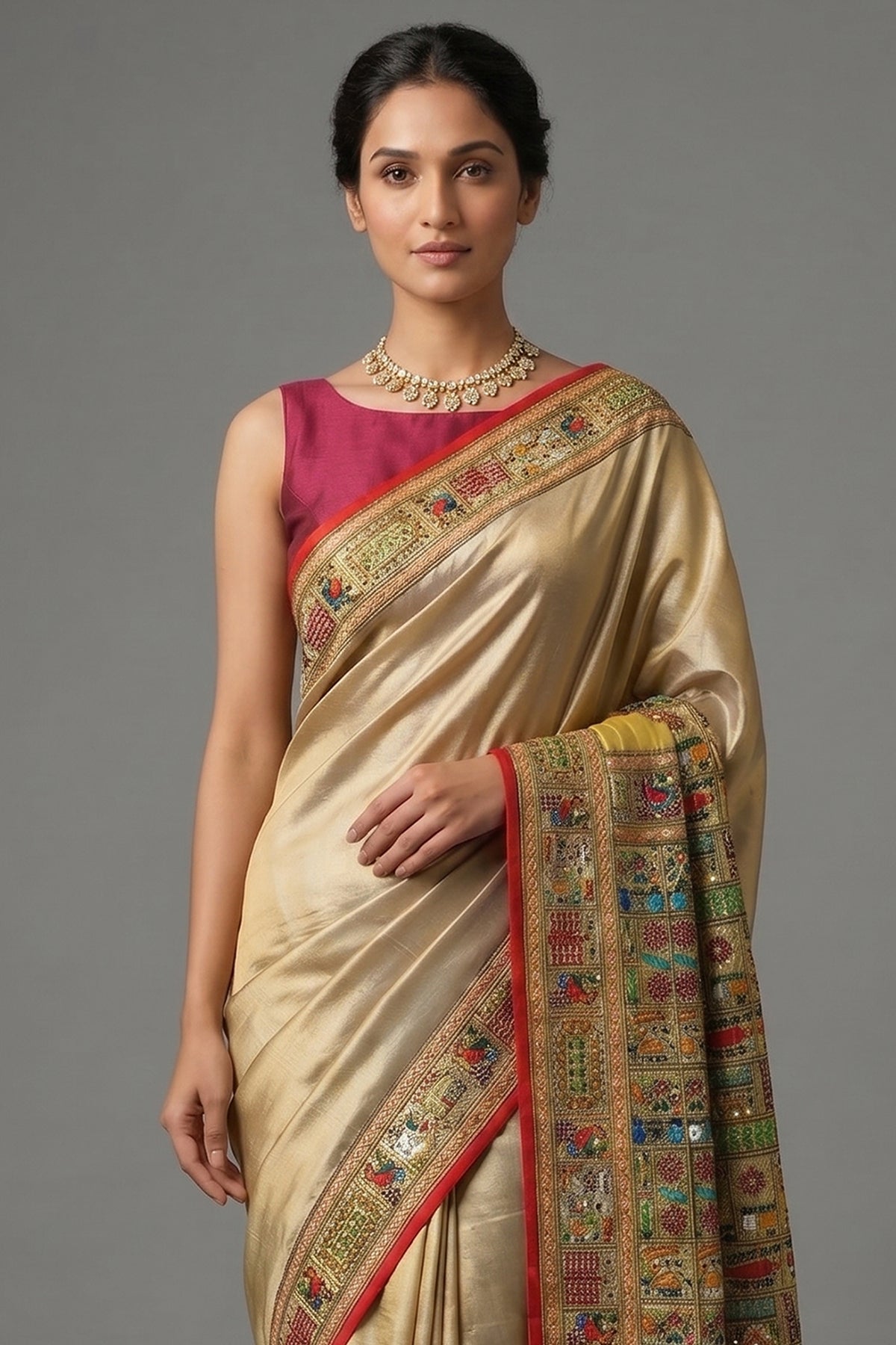 Sage Green Two Toned Art Silk Saree with Thread Embroidered Pallu and Border - red silk saree embroidered