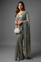 Mint Blue Lycra Net Sequinned Saree - Front View
