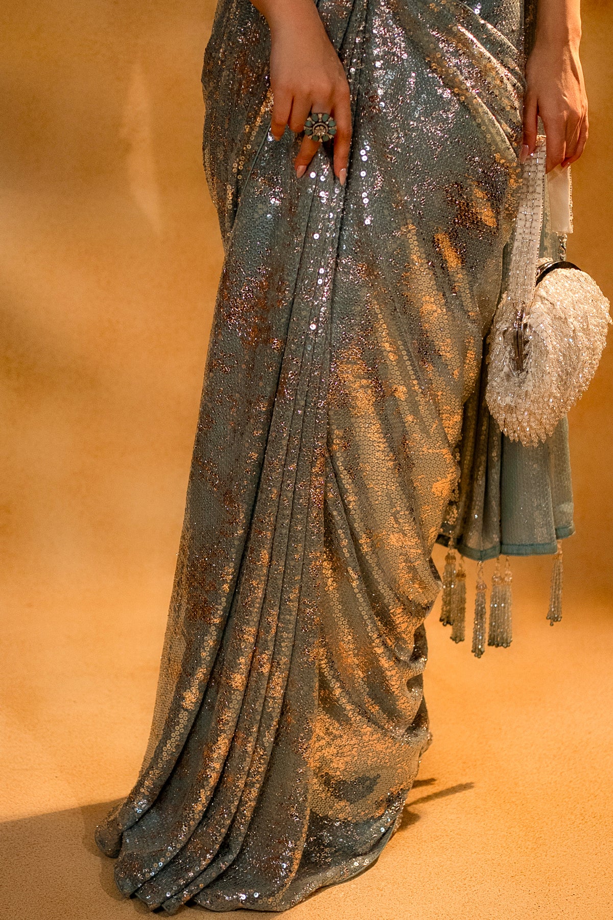 Mint Blue Lycra Net Sequinned Ready to Wear Saree with Designer Corset Blouse - blue net saree