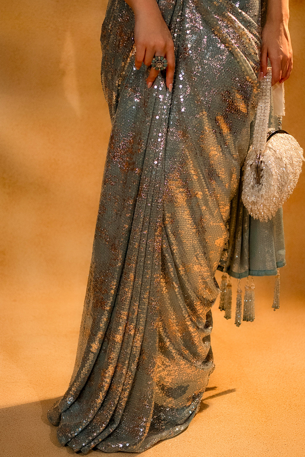 Mint Blue Lycra Net Sequinned Ready to Wear Saree with Designer Corset Blouse - blue net saree