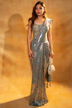 Mint Blue Lycra Net Sequinned Saree featuring a designer corset blouse