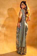 Mint Blue Lycra Net Sequinned Saree highlighting the pre-draped mermaid silhouette
