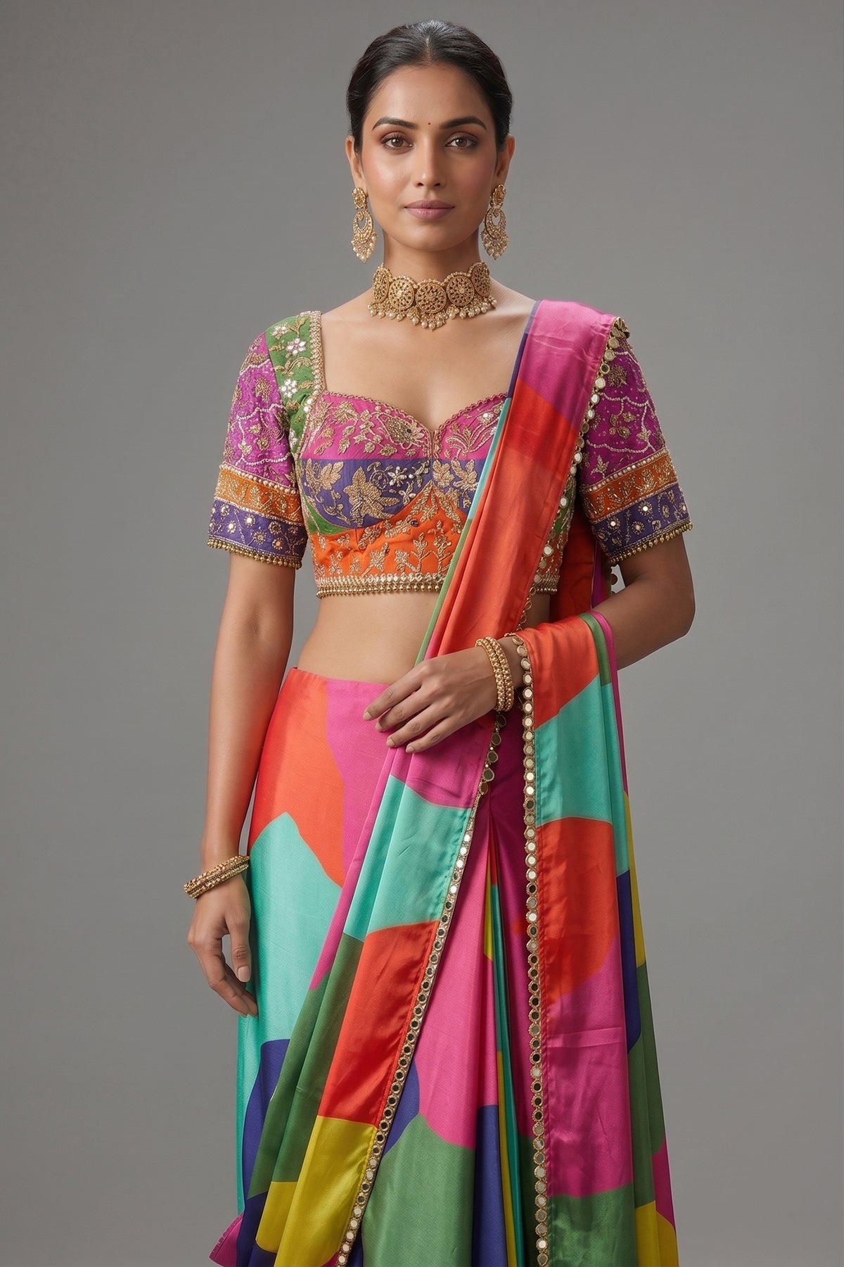 Close-up of the embellished sweetheart neckline blouse on the Multi Colored Crepe Silk Readymade Saree