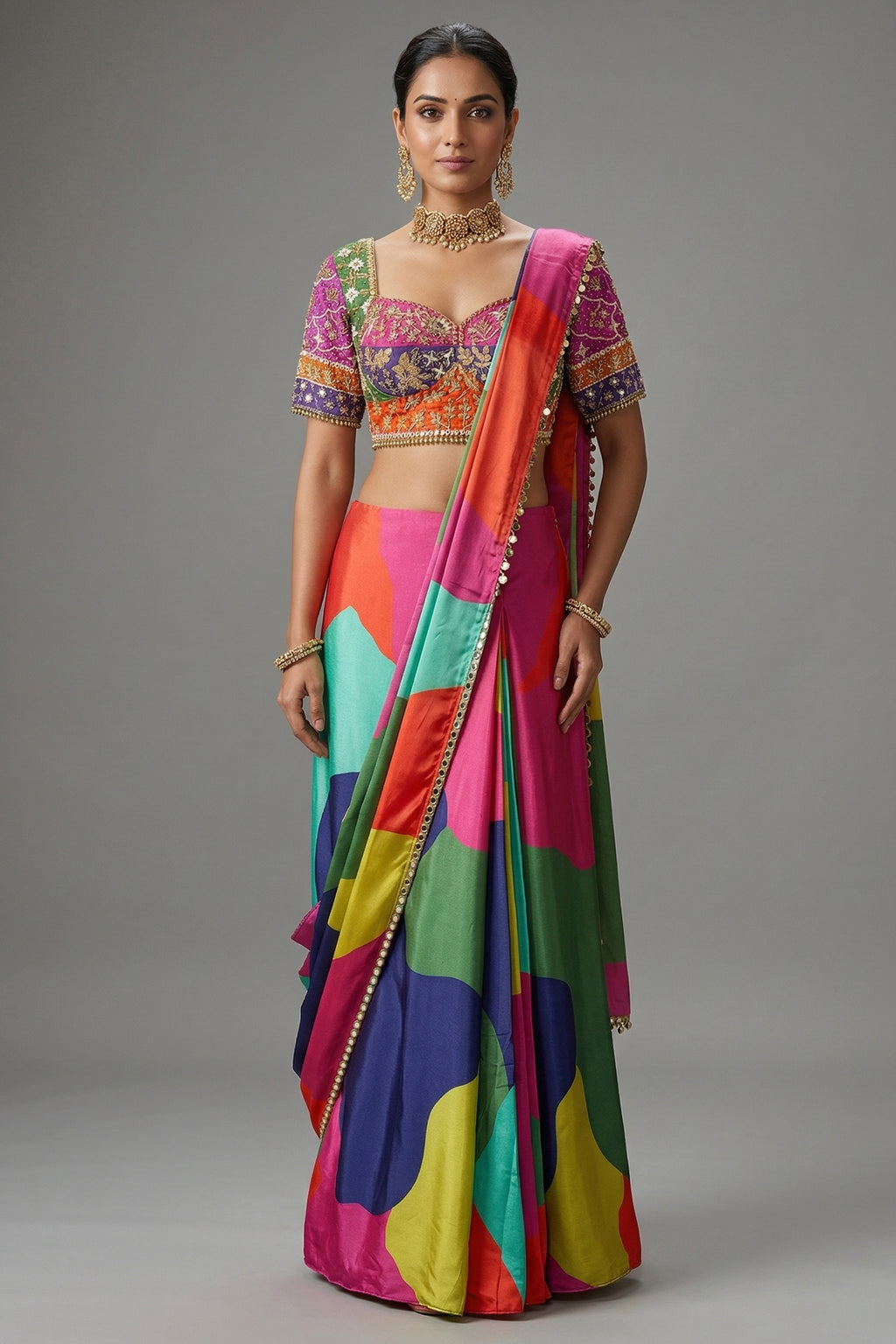 Multi Colored Crepe Silk Readymade Saree - Front View