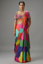 Multi Colored Crepe Silk Readymade Saree - Front View