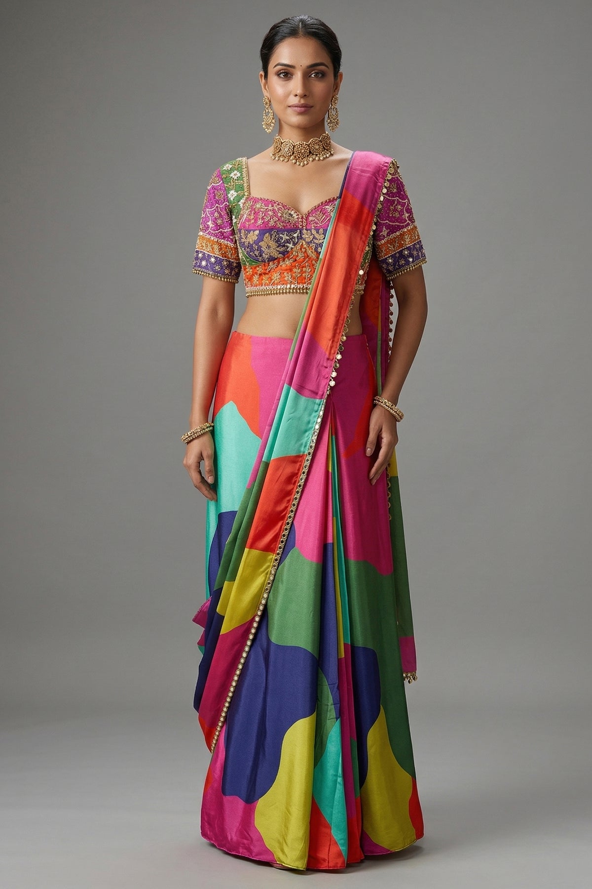 Multi Colored Crepe Silk Readymade Saree - Front View
