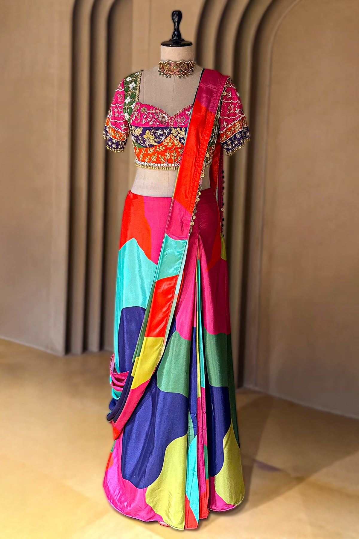 Multi Colored Crepe Silk Readymade Saree featuring a vibrant kaleidoscopic print