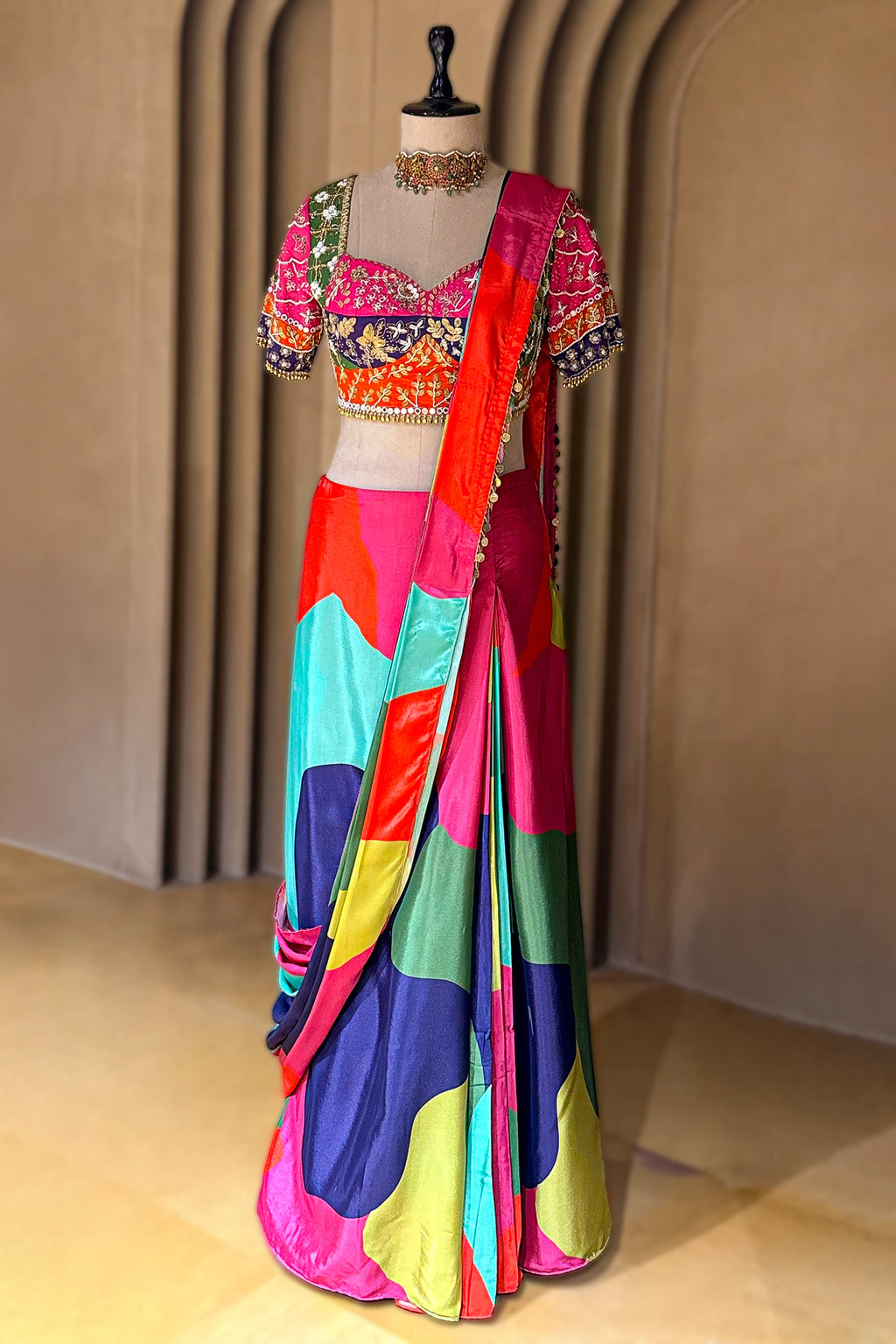 Multi Colored Crepe Silk Readymade Saree featuring a vibrant kaleidoscopic print