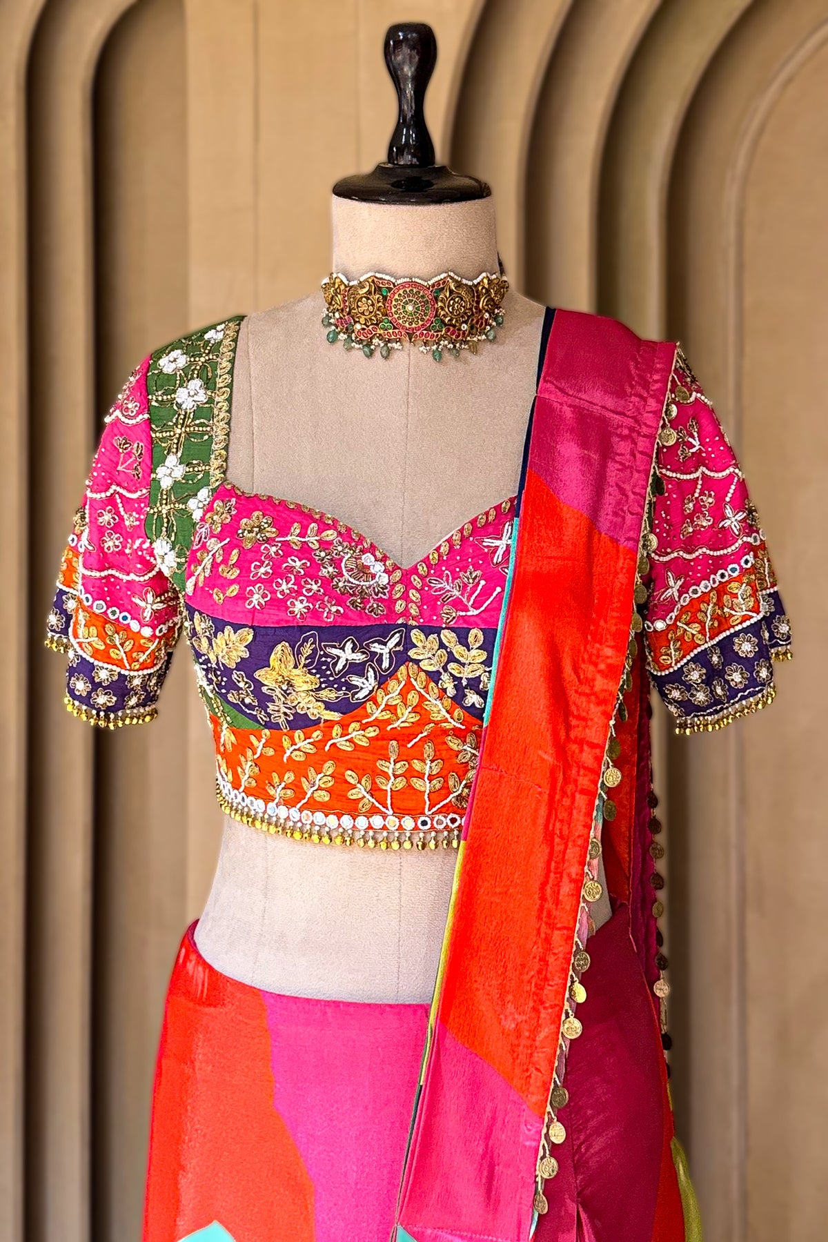 Designer Multi Colored Crepe Silk Readymade Saree for high-profile weddings and festive celebrations