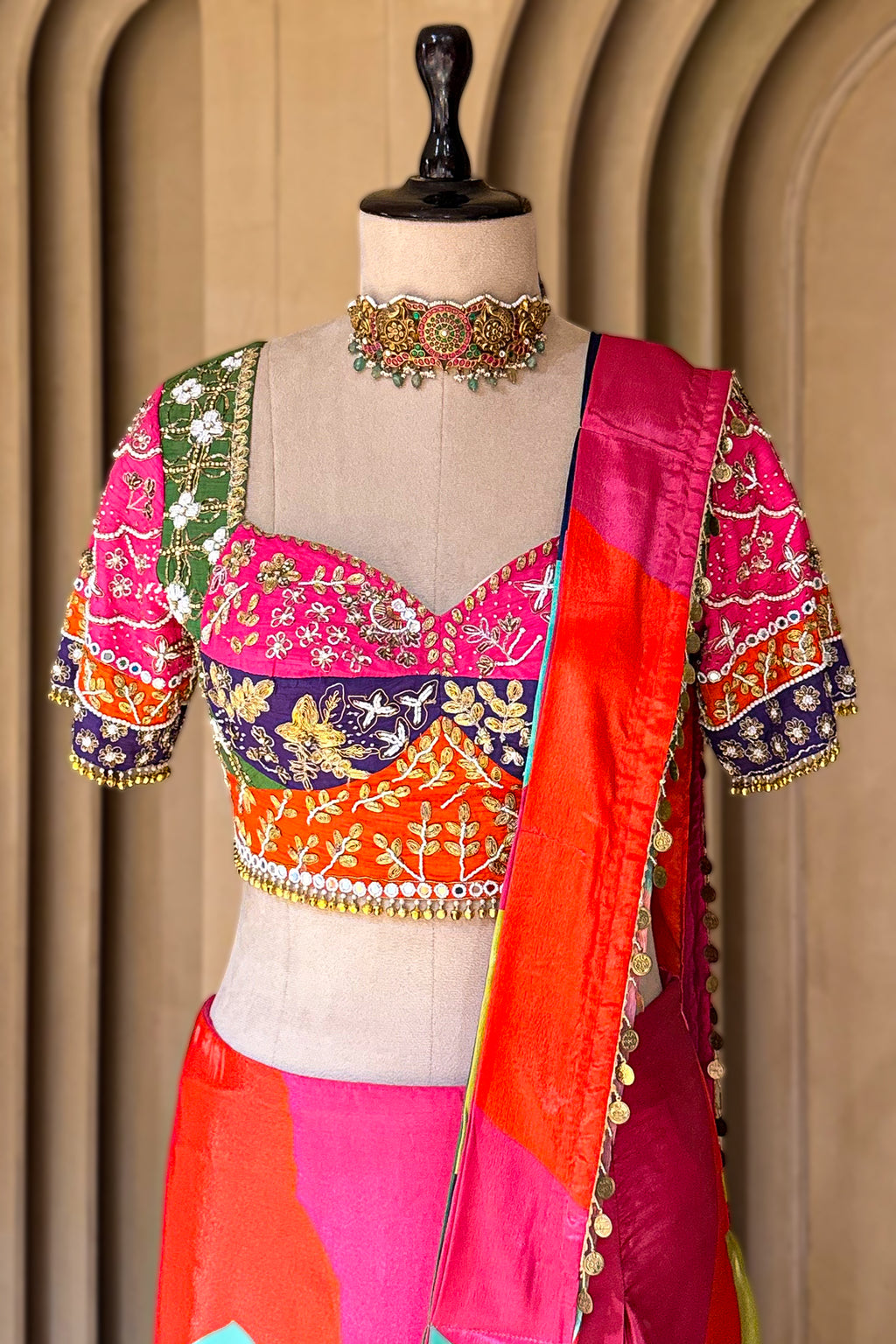 Designer Multi Colored Crepe Silk Readymade Saree for high-profile weddings and festive celebrations