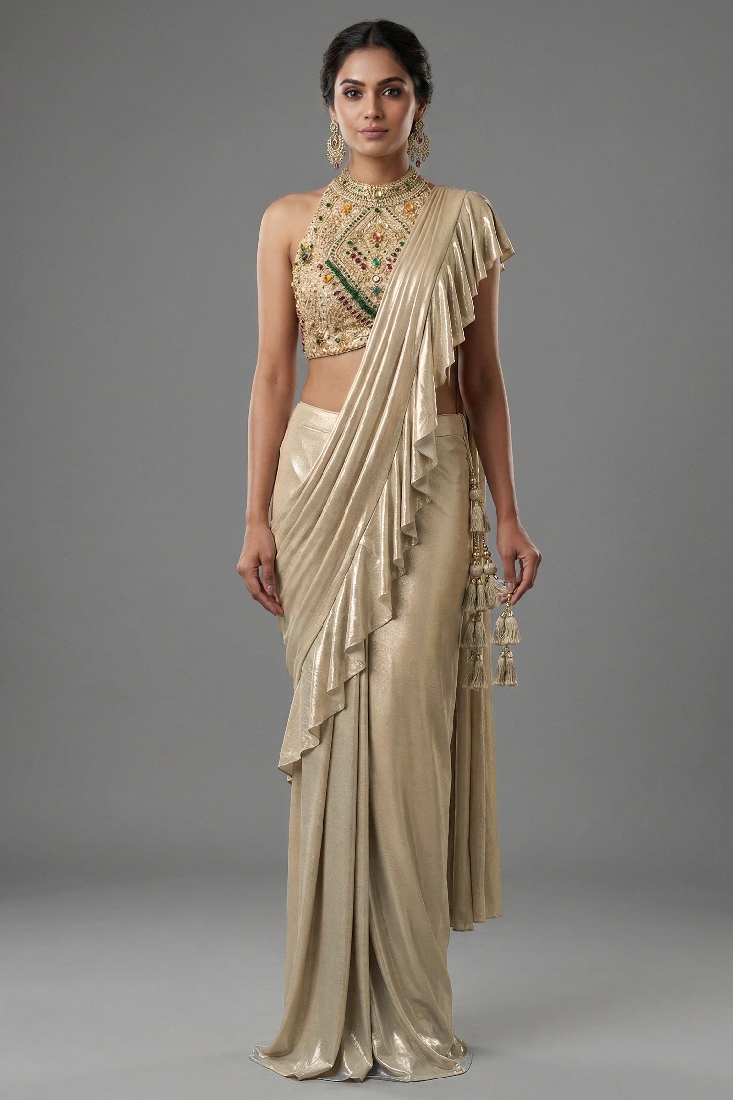Golden Imported Readymade Ruffle Saree - Front View Main image