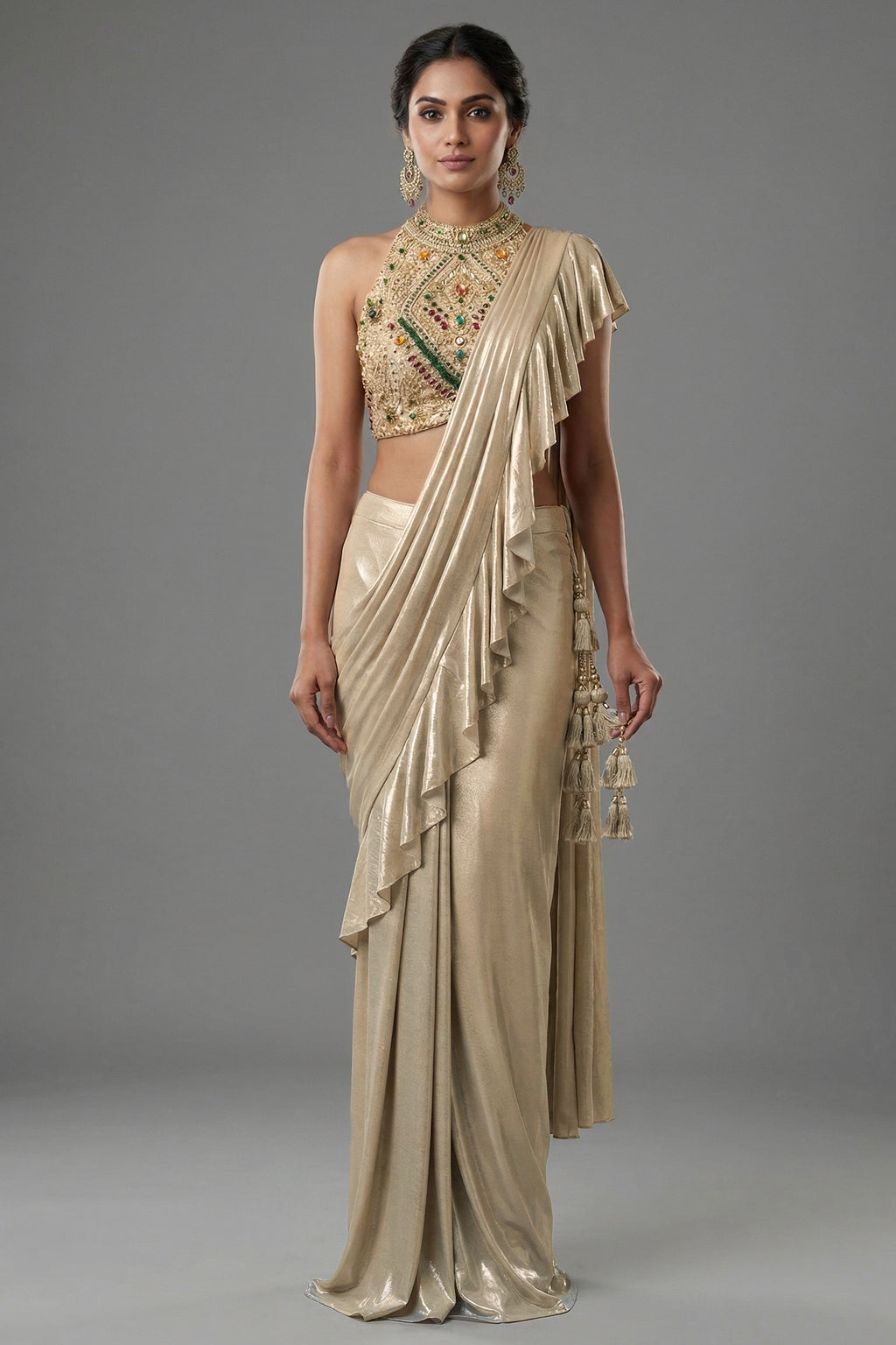Golden Imported Readymade Ruffle Saree - Front View