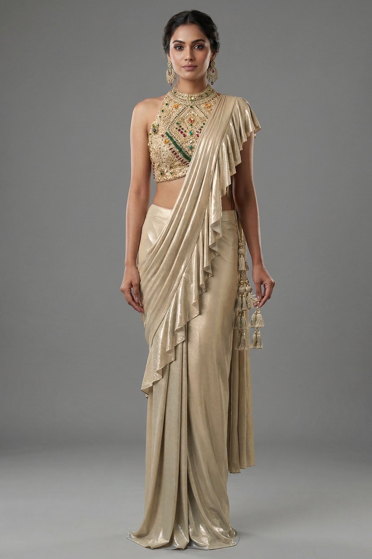 Golden Imported Readymade Ruffle Saree - Front View