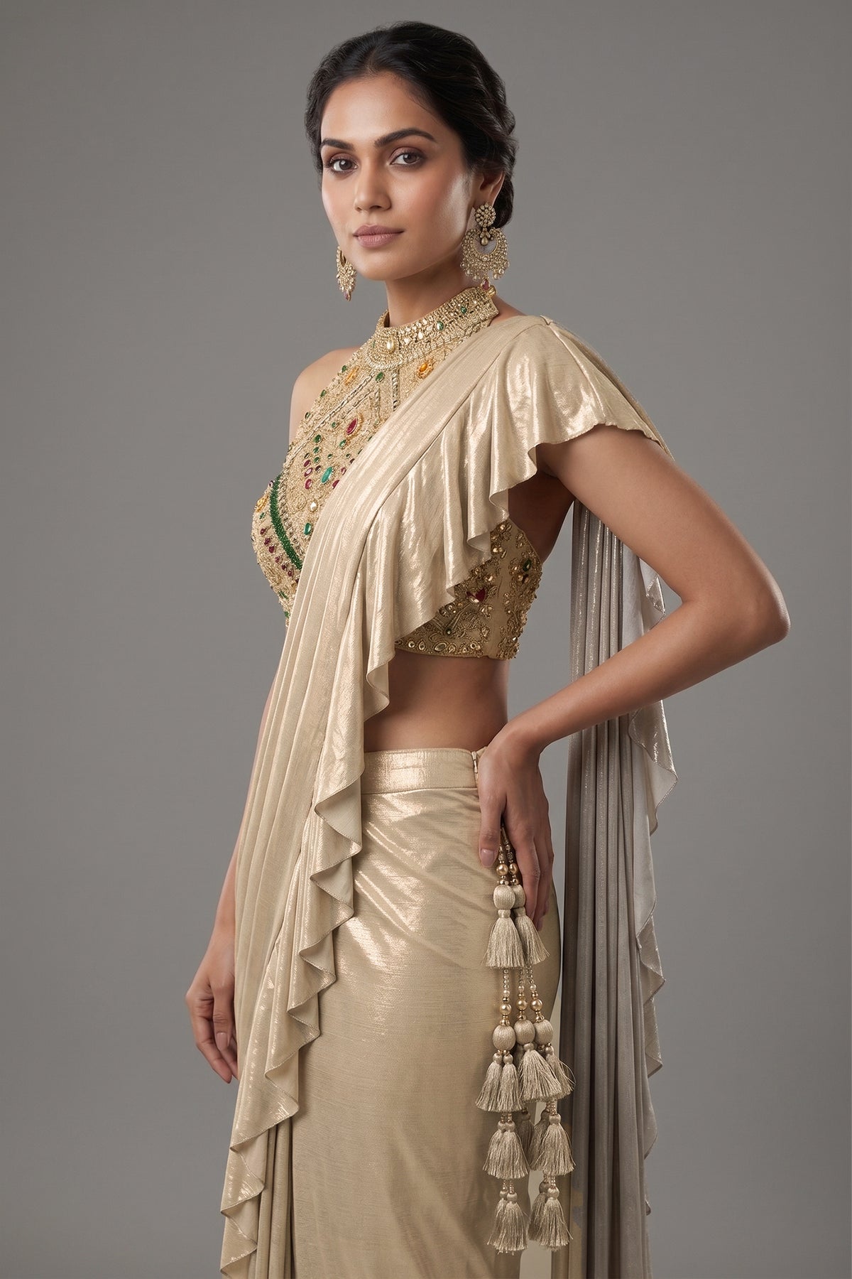 Close-up of the jewelry-inspired halter neck blouse on the Golden Imported Readymade Ruffle Saree