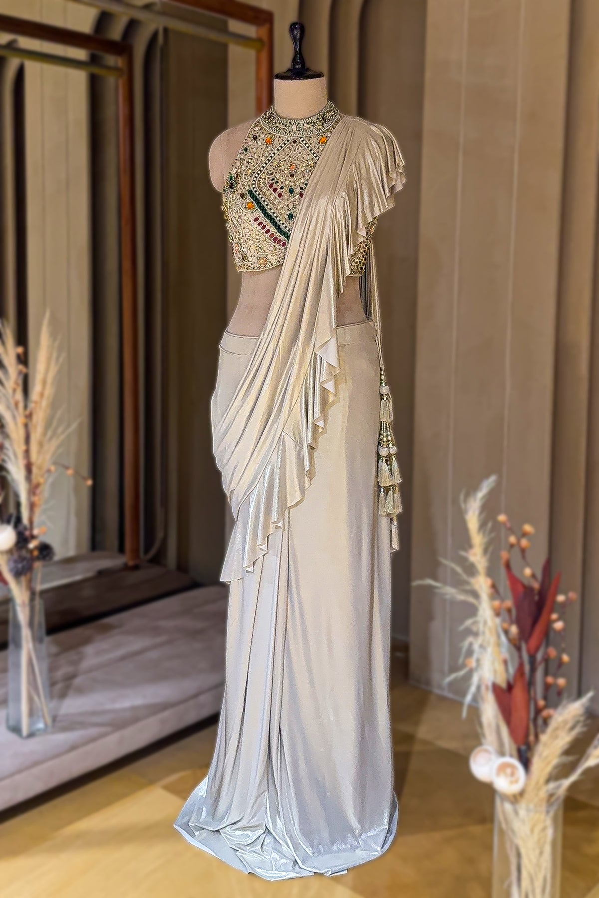 Golden Imported Readymade Ruffle Saree featuring dramatic voluminous borders