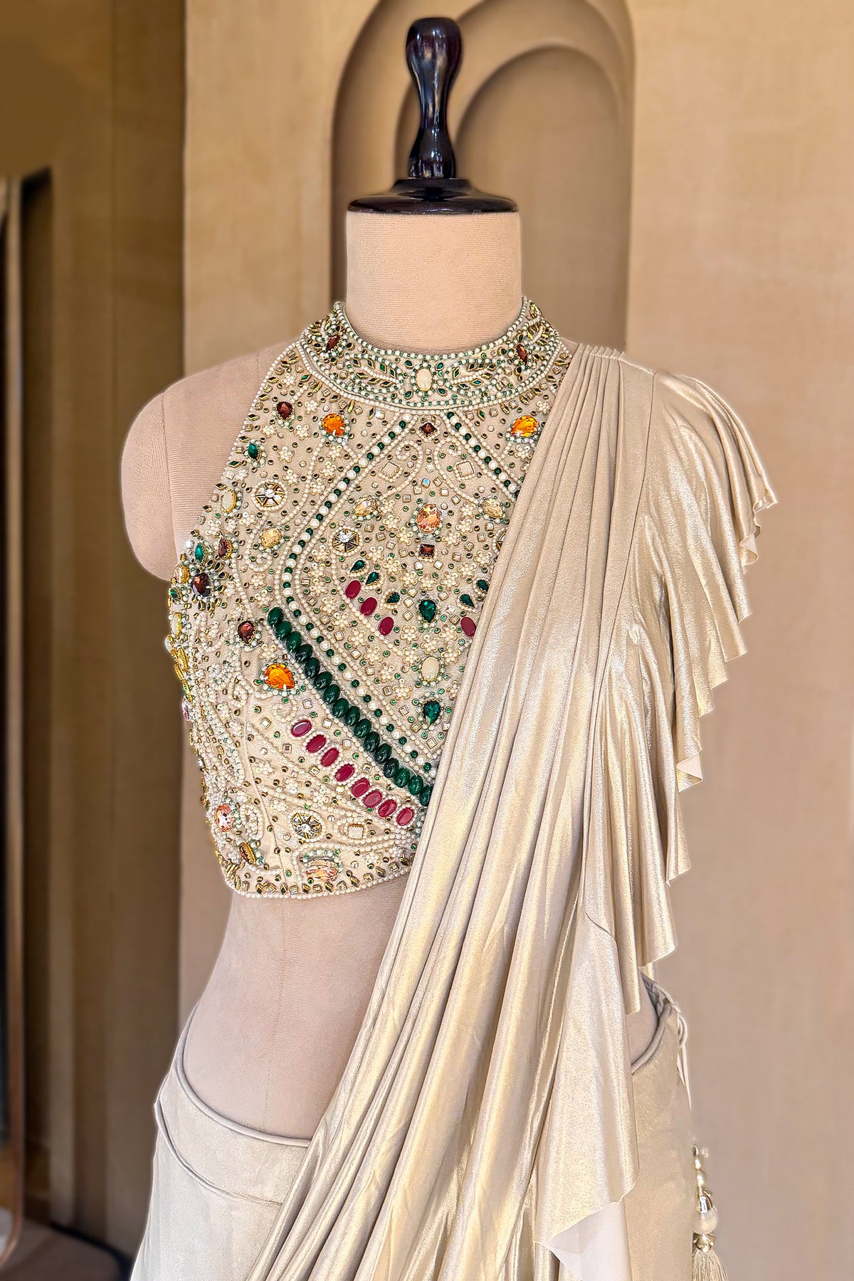 Designer Golden Imported Readymade Ruffle Saree for high-profile cocktail parties