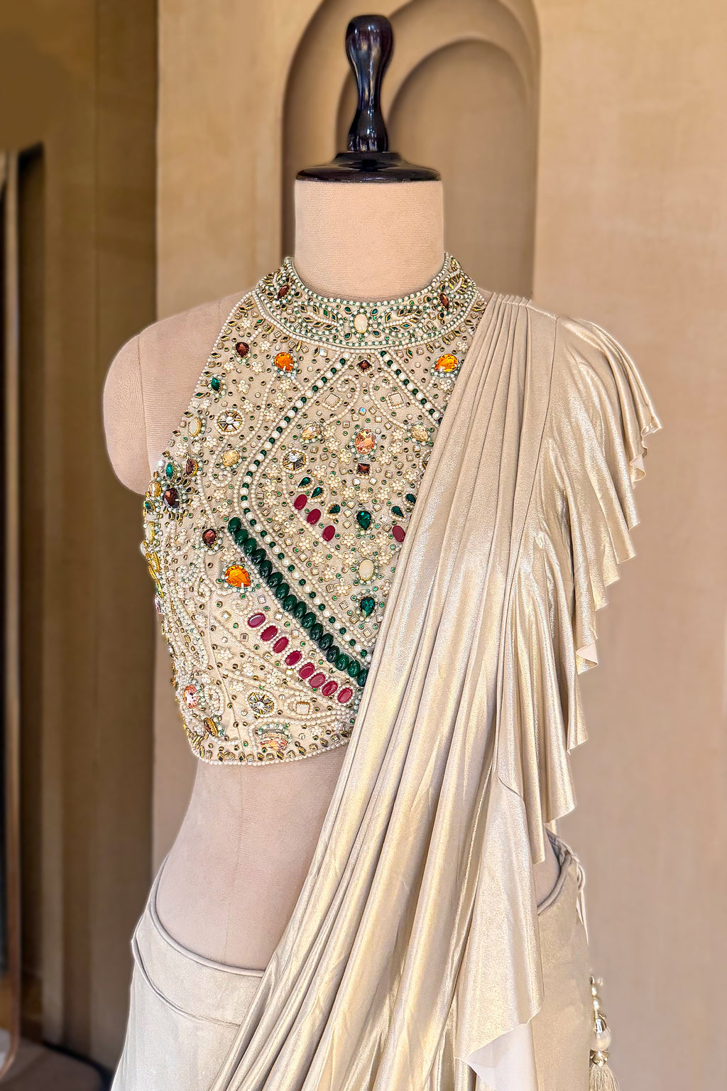 Designer Golden Imported Readymade Ruffle Saree for high-profile cocktail parties
