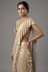 Close-up of the jewelry-inspired halter neck blouse on the Golden Imported Readymade Ruffle Saree