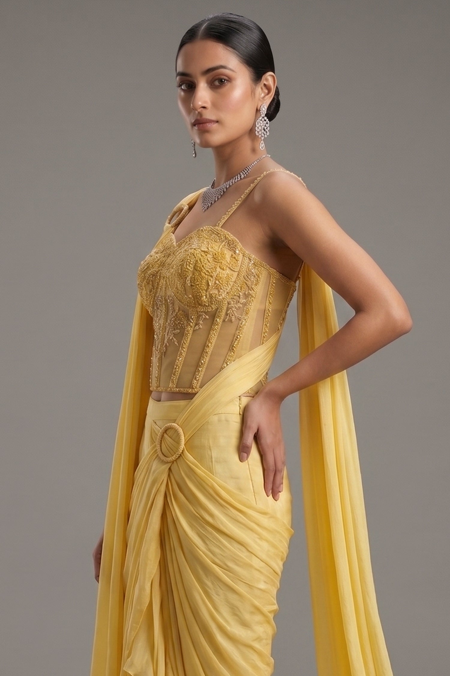 Close-up of the cutdana bead work corset on the Light Yellow Crepe Satin Silk Readymade Saree