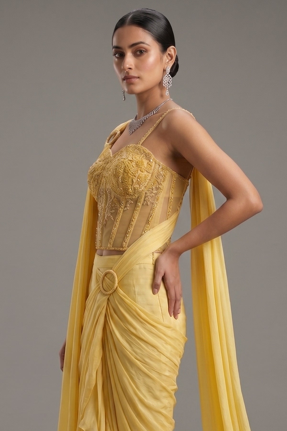 Close-up of the cutdana bead work corset on the Light Yellow Crepe Satin Silk Readymade Saree