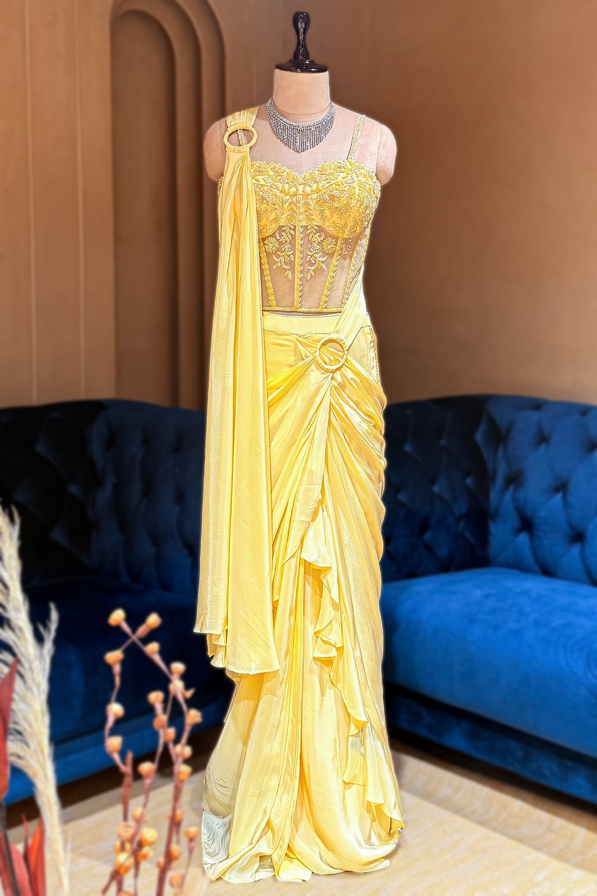 Light Yellow Crepe Satin Silk Readymade Saree featuring perfect pre-stitched pleats