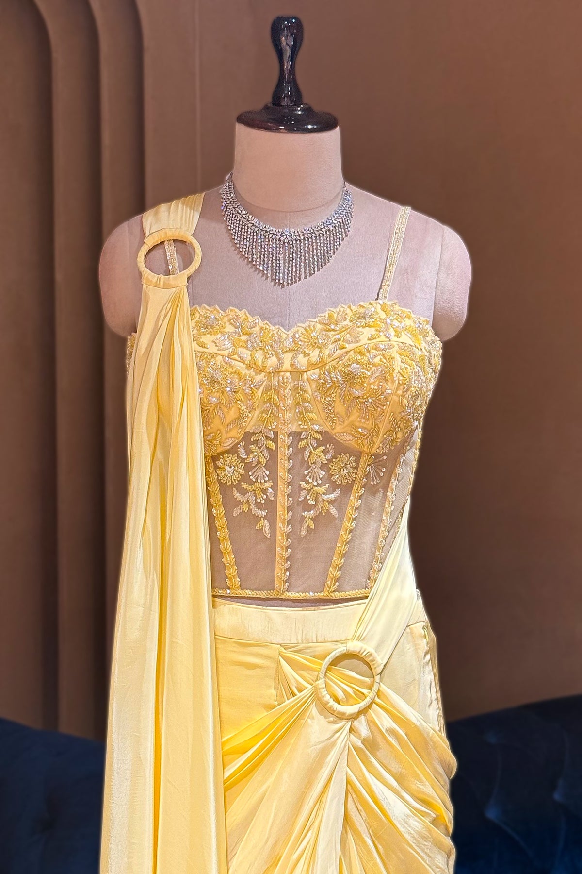 Designer Light Yellow Crepe Satin Silk Readymade Saree for high-glam wedding festivities