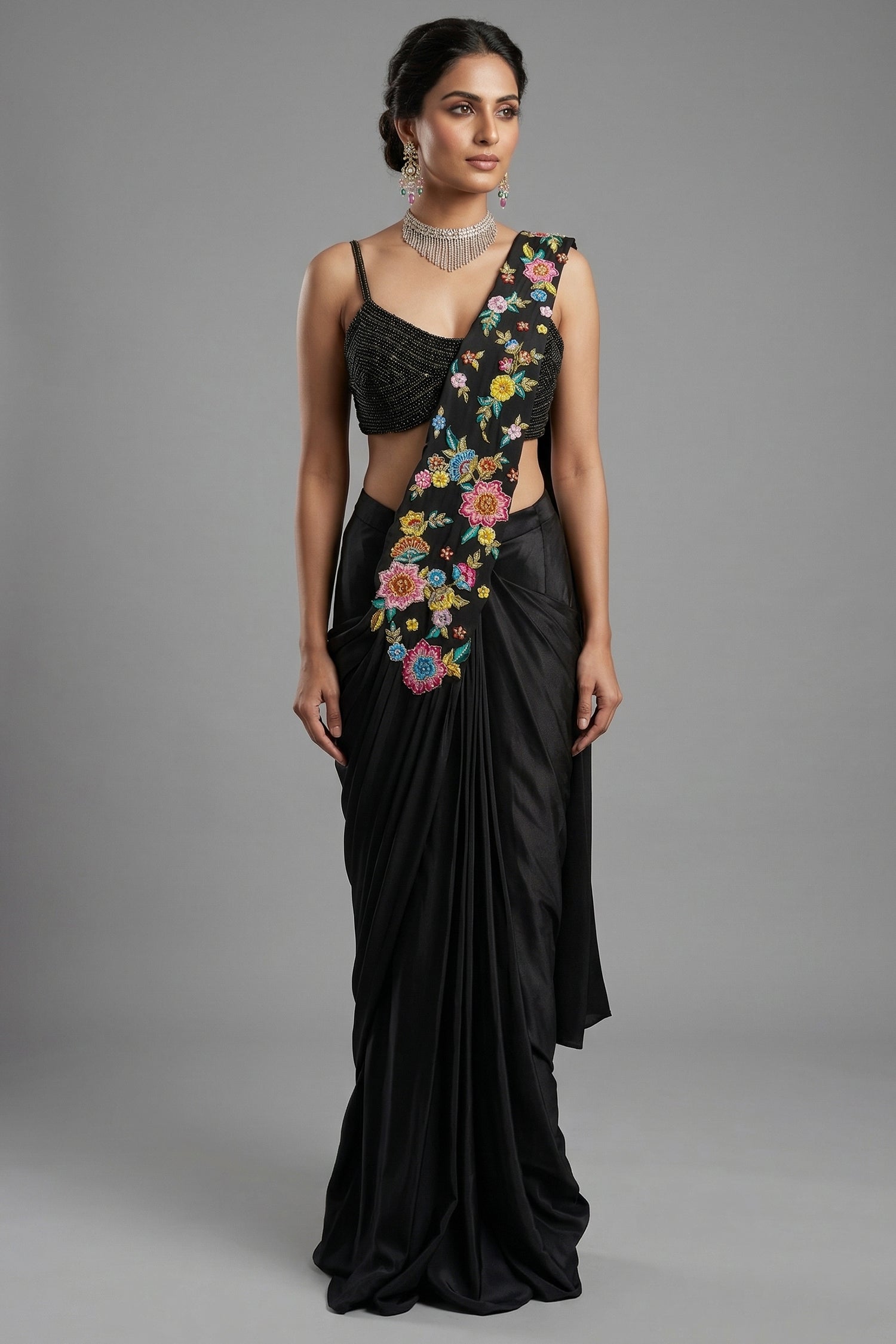 Black Crepe Satin Silk Floral Embroidered Readymade Saree - Front View