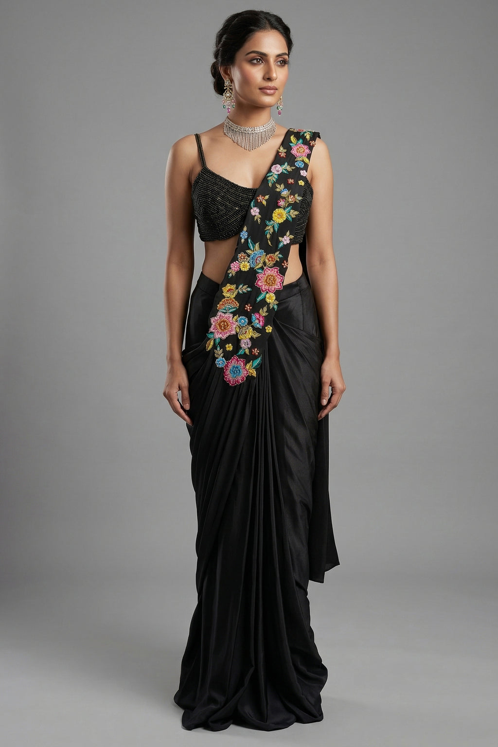 Black Crepe Satin Silk Floral Embroidered Readymade Saree - Front View