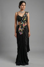Black Crepe Satin Silk Floral Embroidered Readymade Saree - Front View