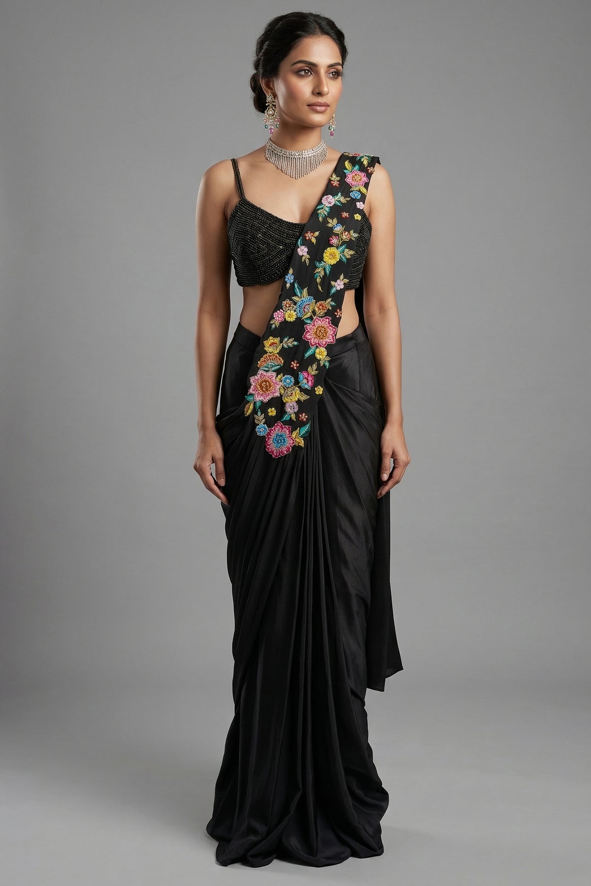 Black Crepe Satin Silk Floral Embroidered Readymade Saree - Front View